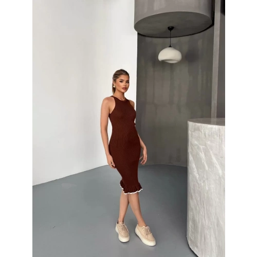 Fırfır Detaylı Triko Elbise- Kahverengi