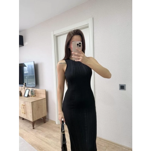 Fitilli Triko Elbise Kolsuz Sırtı Kapalı Maxi Uzun Boy - Siyah