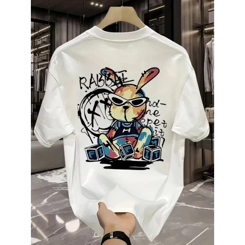 Güneş Gözlüğü Grafikli Karikatür Tavşan Oversize Kısa Kollu Tişört Çift Tişört, İlkbahar Ve Yaz - Beyaz