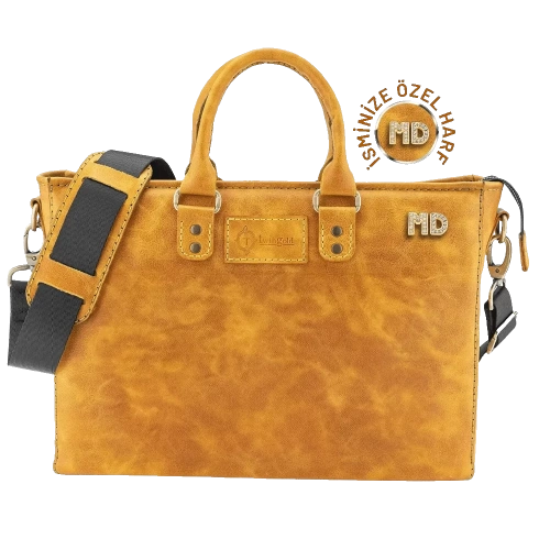 İsme Özel Günlük Kullanım El Omuz Evrak Laptop Çantası - %100 Deri - AC09004 - Hardal Sarısı