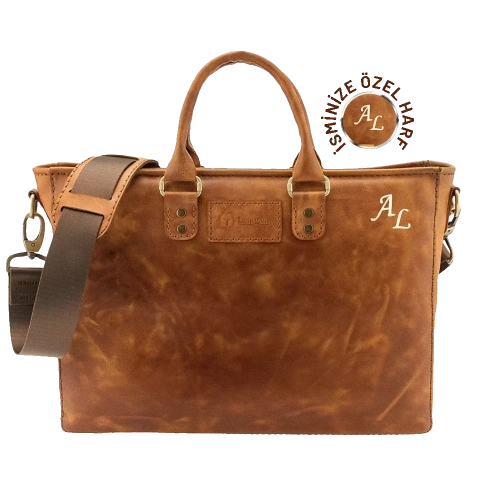 İsme Özel Günlük Kullanım El Omuz Evrak Laptop Çantası - %100 Deri - AC09004 - Camel