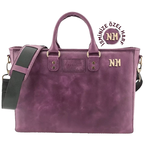 İsme Özel Günlük Kullanım El Omuz Evrak Laptop Çantası - %100 Deri - AC09004 - Mor