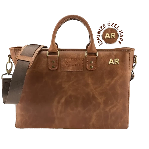 İsme Özel Günlük Kullanım El Omuz Evrak Laptop Çantası - %100 Deri - AC09004 - Kahverengi