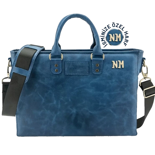 İsme Özel Günlük Kullanım El Omuz Evrak Laptop Çantası - %100 Deri - AC09004 - Saks Mavisi