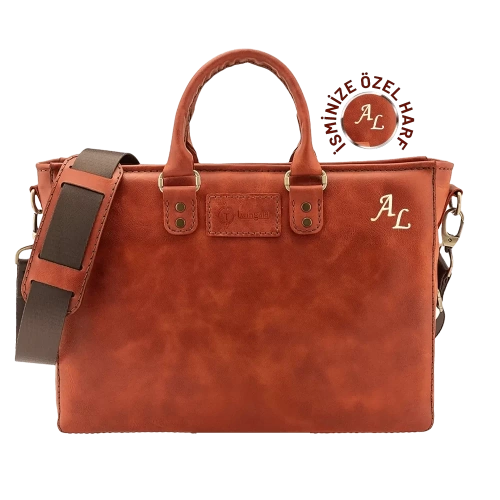 İsme Özel Günlük Kullanım El Omuz Evrak Laptop Çantası - %100 Deri - AC09004 - Tobacco
