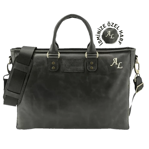 İsme Özel Günlük Kullanım El Omuz Evrak Laptop Çantası - %100 Deri - AC09004 - Antrasit