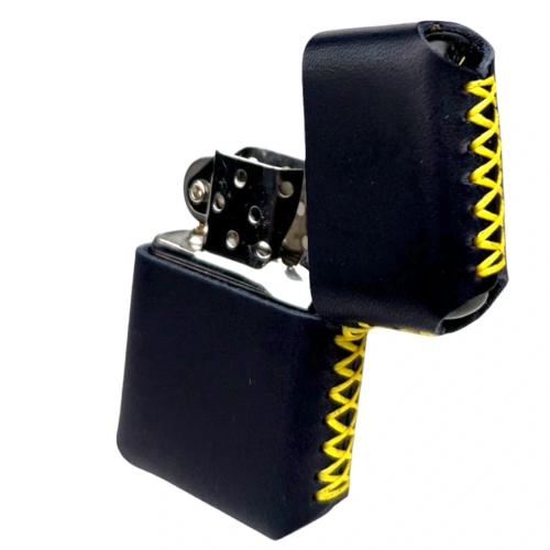 Handmade El Yapımı Hakiki Deri Zippo Modeli Çakmak - AG02001 - Lacivert Sarı