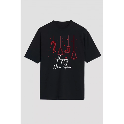 Happy New Year Baskılı T-shirt - Siyah