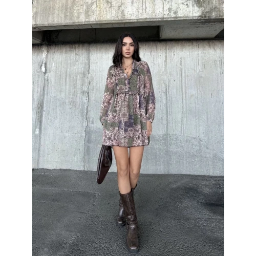 içi astarlı Şifon Elbise - Desenli