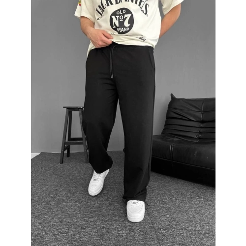 İki İplik Kumaş Beli Lastikli Boru Paça Baggy Alt Esofman - Siyah