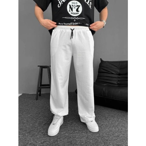 İki İplik Kumaş Beli Lastikli Yan Flota Cepli Baggy Alt Esofman - Beyaz