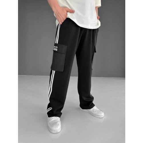 İki İplik Kumaş Kargo Cepli Şeritli Alt Esofman - Siyah