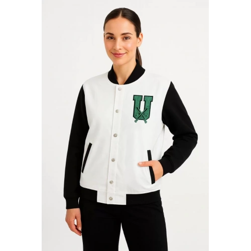 İki İplik Nakış İşlemeli Kolej ceket - Beyaz