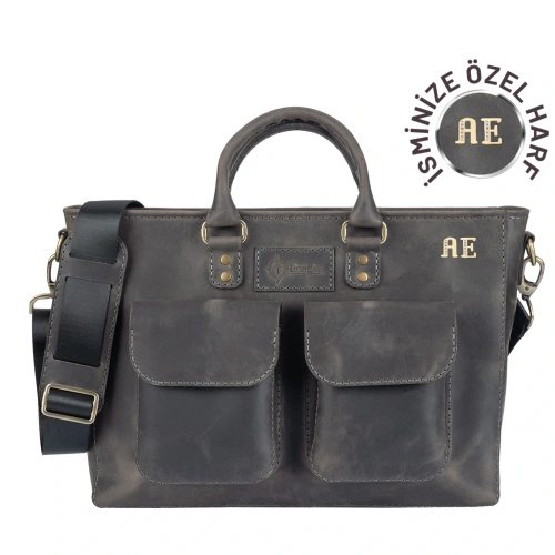 İsme Özel Askılı Cepli Evrak - Laptop Çantası - %100 Crazy Deri - AC09003 - Antrasit