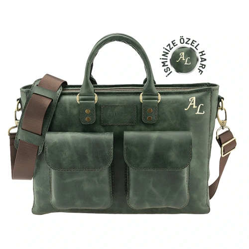 İsme Özel Askılı Cepli Evrak - Laptop Çantası - %100 Rainbow Deri - AC09002 - Haki