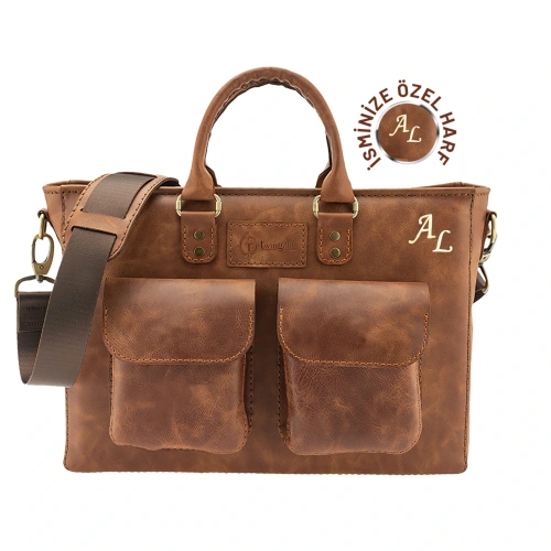 İsme Özel Askılı Cepli Evrak - Laptop Çantası - %100 Rainbow Deri - AC09002 - Kahverengi