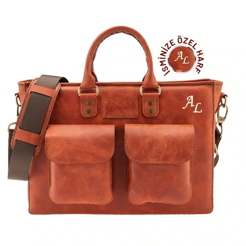 İsme Özel Askılı Cepli Evrak - Laptop Çantası - %100 Rainbow Deri - AC09002 - Tobacco