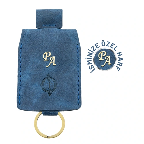 İsme Özel Çıtçıtlı Anahtarlık - % 100 Rainbow Deri - AG01001 - Saks Mavisi