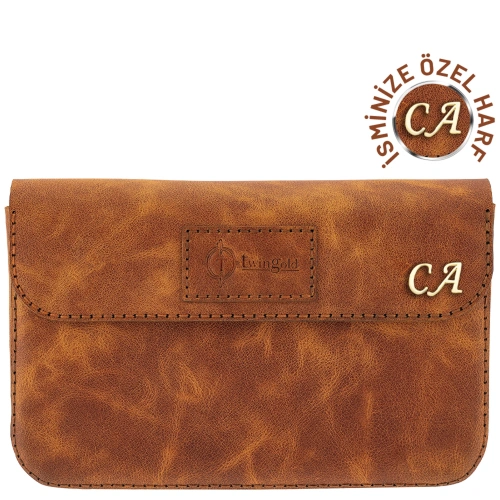 İsme Özel Çıtçıtlı Küçük El Çantası - %100 Rainbow Deri - AC14001 - Camel