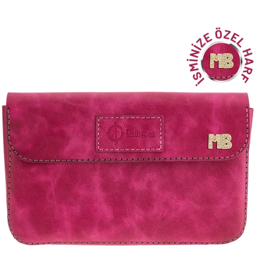 İsme Özel Çıtçıtlı Küçük El Çantası - %100 Rainbow Deri - AC14001 - Fuşya