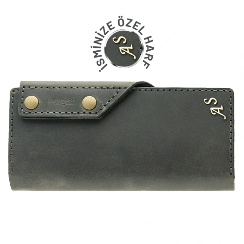 İsme Özel Dikey Çıtçıtlı Uzun Cüzdan - %100 Crazy Deri - A010002 - Antrasit