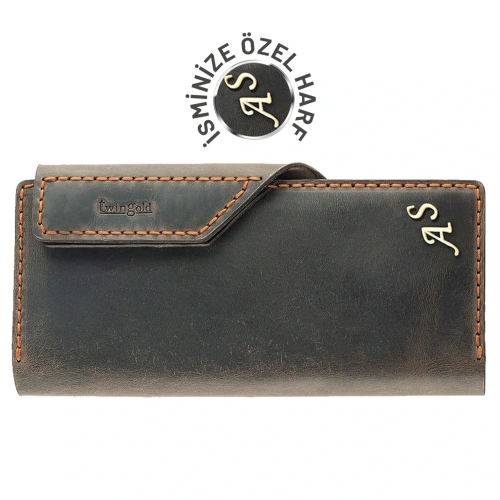 İsme Özel Dikey Çıtçıtlı Uzun Cüzdan - %100 Crazy Deri - A010002 - Kahverengi