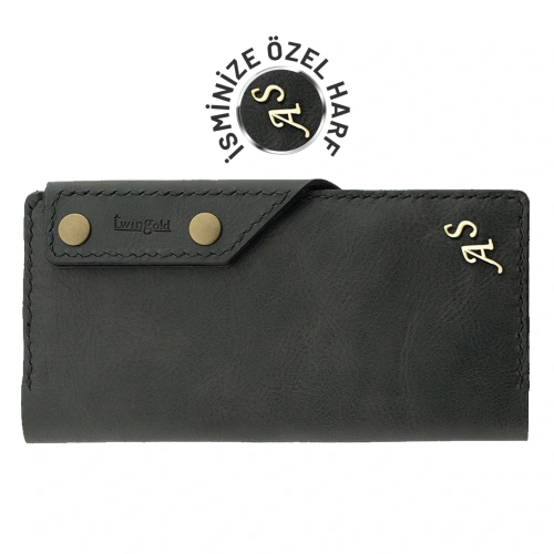 İsme Özel Dikey Çıtçıtlı Uzun Cüzdan - %100 Rainbow Deri - A010006 - Antrasit