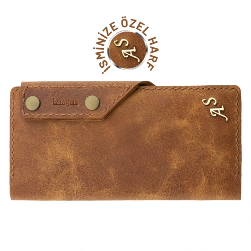 İsme Özel Dikey Çıtçıtlı Uzun Cüzdan - %100 Rainbow Deri - A010006 - Camel