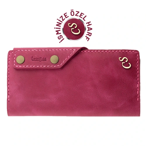 İsme Özel Dikey Çıtçıtlı Uzun Cüzdan - %100 Rainbow Deri - A010006 - Fuşya