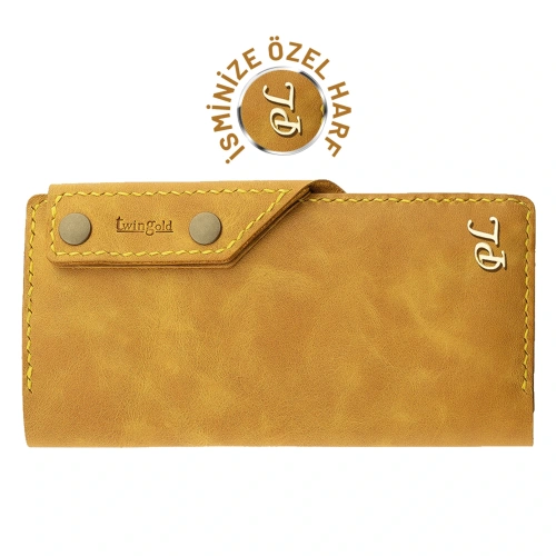 İsme Özel Dikey Çıtçıtlı Uzun Cüzdan - %100 Rainbow Deri - A010006 - Hardal Sarısı