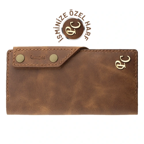 İsme Özel Dikey Çıtçıtlı Uzun Cüzdan - %100 Rainbow Deri - A010006 - Kahverengi