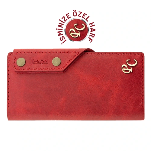 İsme Özel Dikey Çıtçıtlı Uzun Cüzdan - %100 Rainbow Deri - A010006 - Kırmızı