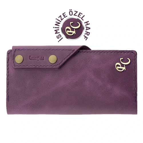 İsme Özel Dikey Çıtçıtlı Uzun Cüzdan - %100 Rainbow Deri - A010006 - Mor
