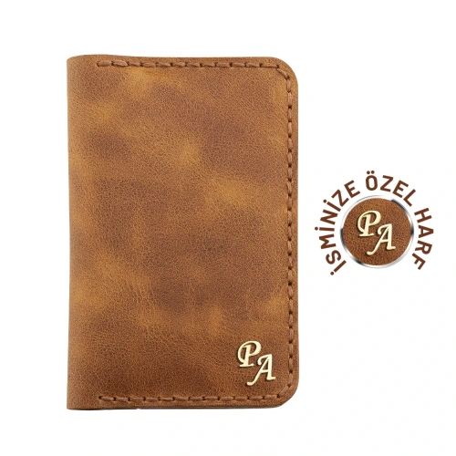 İsme Özel Dikey Mini Cüzdan - %100 Rainbow Deri - A010005 - Camel