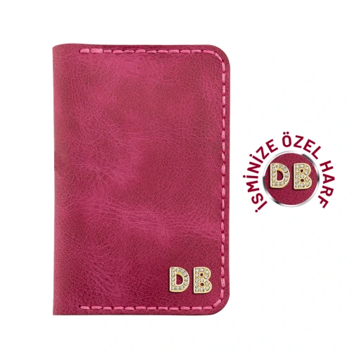 İsme Özel Dikey Mini Cüzdan - %100 Rainbow Deri - A010005 - Fuşya