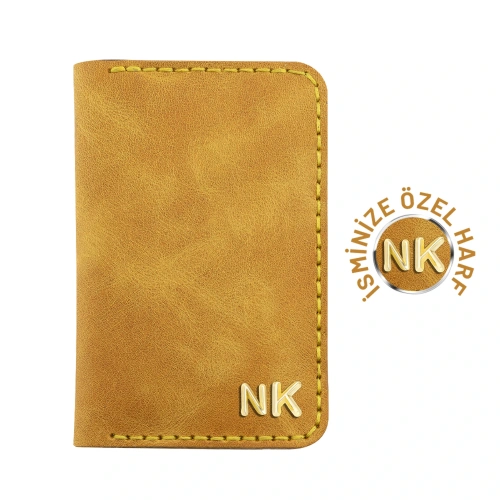 İsme Özel Dikey Mini Cüzdan - %100 Rainbow Deri - A010005 - Hardal Sarısı