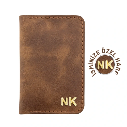 İsme Özel Dikey Mini Cüzdan - %100 Rainbow Deri - A010005 - Kahverengi