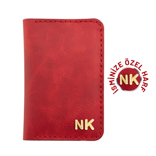 İsme Özel Dikey Mini Cüzdan - %100 Rainbow Deri - A010005 - Kırmızı