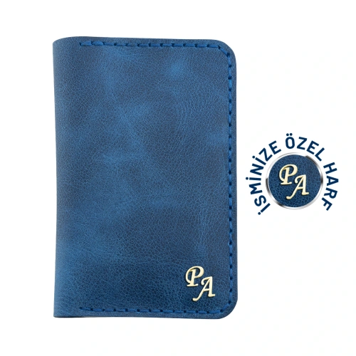 İsme Özel Dikey Mini Cüzdan - %100 Rainbow Deri - A010005 - Saks Mavisi