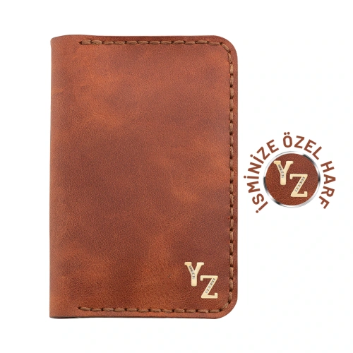 İsme Özel Dikey Mini Cüzdan - %100 Rainbow Deri - A010005 - Tobacco