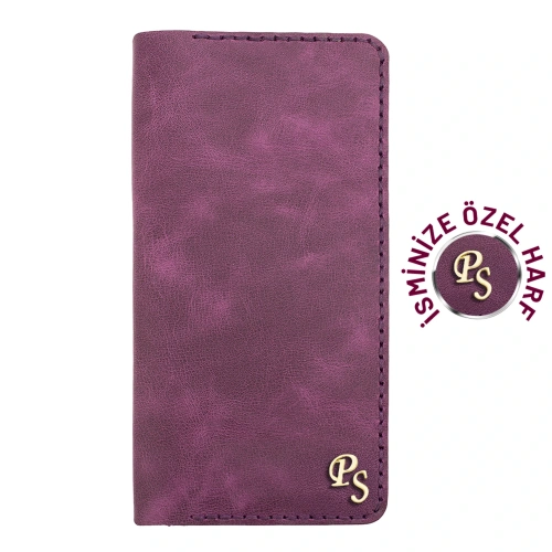 İsme Özel Dikey Uzun Cüzdan - %100 Rainbow Deri - A010007 - Mor