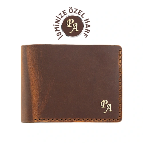 İsme Özel Dikey Uzun Klasik Cüzdan - %100 Crazy Deri - A010004 - Taba
