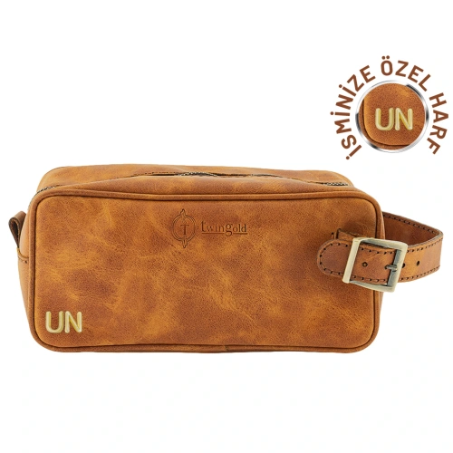 İsme Özel Dopp Kit Kişisel Bakım ve Seyahat Çantası - %100 Rainbow Deri - AC14004 - Camel