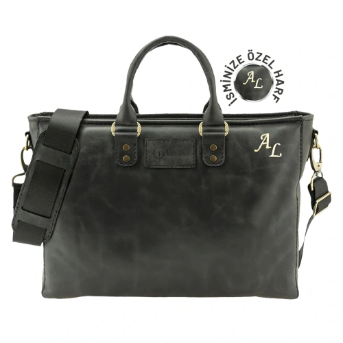 İsme Özel Günlük Kullanım El Omuz Evrak Laptop Çantası - %100 Deri - AC09004 - Antrasit