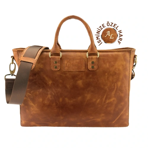 İsme Özel Günlük Kullanım El Omuz Evrak Laptop Çantası - %100 Deri - AC09004 - Camel