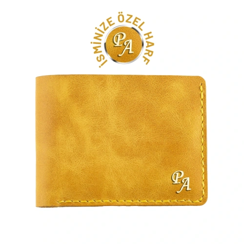 İsme Özel Yatay Klasik Cüzdan - %100 Rainbow Deri - A010001 - Hardal Sarısı