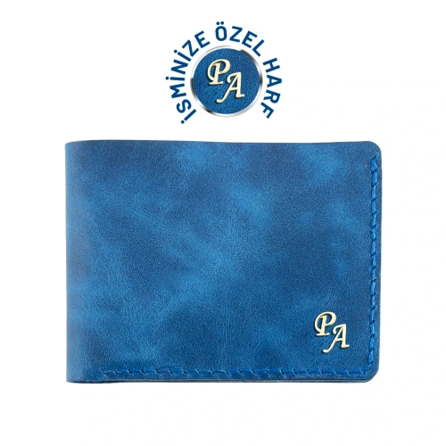 İsme Özel Yatay Klasik Cüzdan - %100 Rainbow Deri - A010001 - Saks Mavisi