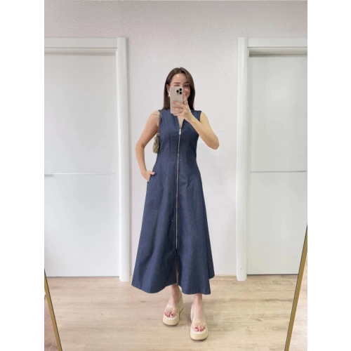 Jeans Kot Önü Tam Fermuarlı Kadın Uzun Elbise - Mavi