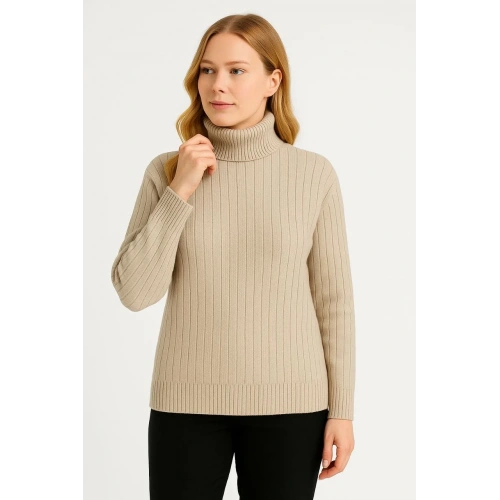 Kadın Balıkcı Yaka Bağazlı Triko Kazak Pamuklu Kalın Fitilli Dokuma - Bej