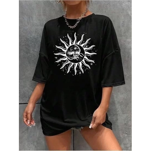 Kadın Bisiklet Yaka Baskılı T-shirt - Siyah